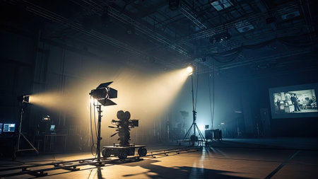 An indoor scene showcases film production equipment with spotlights illuminating the set. A vintage camera is positioned centrally, with light beams highlighting the scene. The composition features a dark ambiance, suggesting a night or controlled environment, suitable for various media projects.の素材