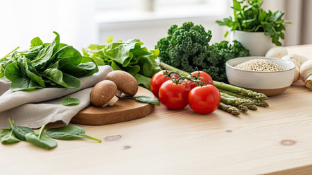 An assortment of fresh vegetables and herbs is arranged on a wooden table, featuring vibrant green spinach, kale, and asparagus alongside red tomatoes and brown mushrooms. The composition showcases natural textures and colors, with soft lighting suggesting an indoor setting. This image is suitable for illustrating concepts of healthy eating and culinary themes.の素材