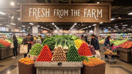 A vibrant display of fresh fruits and vegetables is presented in a modern grocery store setting. The image showcases colorful produce arranged in attractive pyramids. The composition features overhead lighting, with people browsing the selection. This scene could be used to illustrate concepts related to healthy eating or commercial food retail.の素材