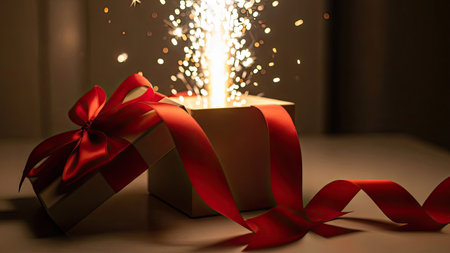 A festive gift box is presented with a vibrant red ribbon. Light bursts out from the open top, suggesting surprise and excitement. The composition features a neutral background with soft lighting, enhancing the focus on the central subject. This image may be suitable for promotional materials, holiday campaigns, or general celebratory themes.の素材