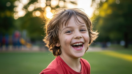 A young child is shown laughing in a park setting. The image features a shallow depth of field, with the focus on the child's face, displaying joy. Green and yellow hues dominate the scene, with the sunlight creating a warm ambiance. The photograph can be used for various commercial or editorial applications.の素材