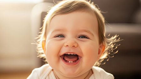 A close-up shot captures a smiling baby with a bright, open-mouthed expression. The image displays a soft focus with warm lighting, highlighting the child's face and open eyes. This image could be suitable for various commercial or editorial uses, such as illustrating childhood or expressing joy.の素材