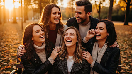 A group of diverse friends shares a moment of laughter outdoors. The image shows people in coats and sweaters, lit by warm sunlight. The composition features a natural outdoor setting, possibly a park, with autumn foliage. Suitable for various editorial and commercial applications promoting friendship and joy.の素材