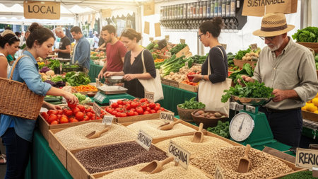 A diverse group of individuals browses and selects fresh produce at an outdoor market. The scene features various vegetables and grains displayed on wooden stalls. Warm sunlight illuminates the area, creating a vibrant atmosphere. Suitable for use in editorial content or commercial projects focused on healthy eating and lifestyle.の素材
