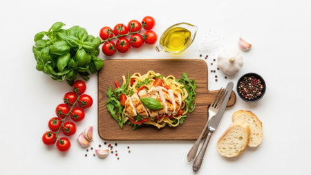 A top-down composition features a pasta dish surrounded by various ingredients. Fresh basil, tomatoes, olive oil, and garlic are included. The arrangement sits on a wooden cutting board with a knife and fork. Suitable for culinary projects, food blogs, or editorial uses.の素材