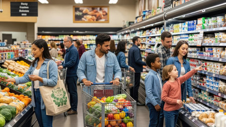 Shoppers browse a variety of fresh produce and packaged goods within a well-stocked grocery store. The scene showcases a range of customers and products. The lighting is bright and evenly distributed throughout the indoor environment, which is suitable for commercial and editorial purposes.の素材