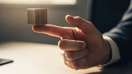 A hand in a business suit carefully balances a small wooden cube on a fingertip. The image showcases a close-up perspective with a shallow depth of field, focusing on the textured wooden cube. The lighting suggests an indoor setting, and the composition implies concepts such as control and balance. Suitable for illustrating business, strategy, and conceptual design themes.の素材