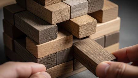 A person's hands are carefully placing a wooden block onto a structure made of similar blocks. The composition highlights the wooden texture and natural colors, set against a blurred background. This image could be suitable for illustrating concepts of construction, strategy, or teamwork in various commercial applications.の素材