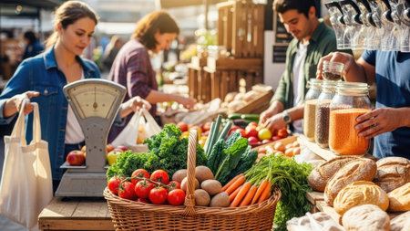 A bustling outdoor farmers market scene presents people selecting fresh produce. Colorful vegetables fill baskets, while a vintage scale stands ready. The composition showcases a diverse group under bright daylight. This image can be used for commercial projects related to healthy eating, community, and fresh food.の素材