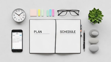 An organized workspace displays a planner, smartphone, clock, glasses, and decorative items. The composition features neutral tones with contrasting objects, captured from above with balanced lighting. Suitable for articles or websites related to productivity, time management or business planning. The scene suggests a modern office.の素材