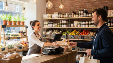 A shopkeeper hands a customer a package of food at a checkout counter. The scene presents two people interacting in a retail setting with various products displayed on shelves and counters. The environment is illuminated by warm lighting, suggesting a friendly and inviting atmosphere, potentially suitable for commercial or promotional purposes.の素材