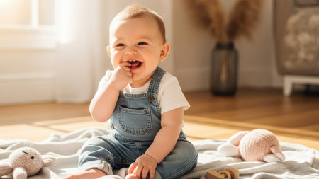 A cheerful baby is seen sitting on a soft blanket, engaging with toys. The image showcases natural lighting and a warm ambiance. The scene may be used for a variety of media projects, including advertisements and editorial content. The composition presents a gentle and inviting look.の素材