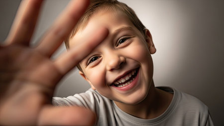 A young child is reaching towards the viewer with an open hand, captured in a close-up shot. The subject exhibits a wide smile with visible teeth, suggesting happiness. The background is a soft gray, focusing attention on the child. This image has potential for commercial uses such as advertising or editorial content.の素材