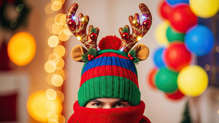 A person is wearing a colorful knitted hat adorned with reindeer antlers and a matching scarf. The image showcases bright colors and a festive mood, enhanced by bokeh lights in the background. This photograph is ideal for commercial use, including holiday promotions or general seasonal themes.の素材