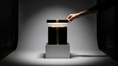 A hand opens a black, illuminated box against a bright white background. The composition highlights contrasting light and shadow with a soft glow emanating from within. It showcases a modern, minimalist aesthetic suitable for various commercial or artistic applications. This image could be used for conceptual illustrations or designs.の素材