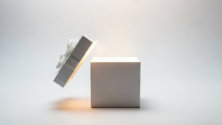 An open gift box is placed against a plain white background, its lid slightly ajar. The box features a bright ribbon, and a warm light emanates from within. This image showcases a minimalist aesthetic, suitable for various promotional materials or conceptual projects. It could be used in design or editorial contexts.の素材