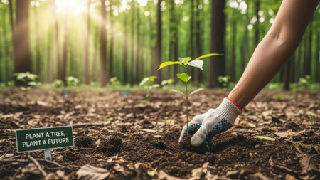 A person plants a young tree in a forest setting, showcasing environmental stewardship. The image features a shallow depth of field, with soft sunlight filtering through the trees, highlighting the tree and the hand planting it. This scene can be used for publications regarding conservation, environment, or sustainable living.の素材