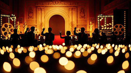 This image depicts silhouetted figures gathered at an event with bright, warm lighting. The composition features a stage-like background with an archway. The scene's style suggests a celebratory or entertainment environment. Potential uses include editorial content, and various design projects.の素材
