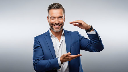 A man in a blue suit is gesturing with his hands, showcasing a product or concept. The image presents a studio shot with soft lighting. The composition features copy space and is suitable for various applications. It conveys positivity and confidence, suitable for professional and commercial applications.の素材