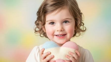 A young child is depicted smiling while holding a heart-shaped object. The image showcases a soft, pastel-colored background, creating a gentle and inviting ambiance. The composition is likely suitable for a variety of uses, including illustrations, marketing materials, and designs needing a sense of warmth.の素材