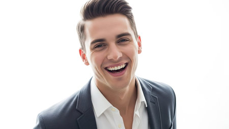 A man in a suit is captured in a medium shot, smiling broadly. The image displays a well-lit studio environment with a white background. It offers versatility for a range of uses, including advertising campaigns and business-related editorial content.の素材