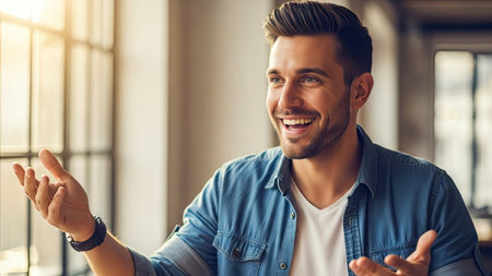 A man is shown smiling joyfully indoors. He is gesturing with open hands, possibly communicating or explaining something. The scene is brightly lit by natural light streaming through a window. The image could be used for various commercial or editorial applications.の素材