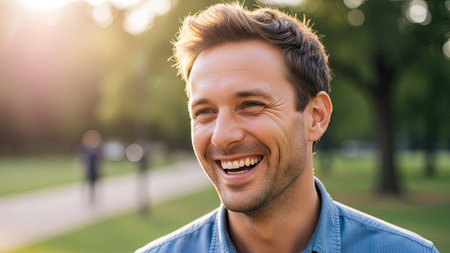 A man is smiling broadly in an outdoor environment, possibly a park. The image displays warm tones with soft lighting and a blurred background. The composition suggests a portrait with copy space, ideal for marketing campaigns, advertisements, or editorial content related to happiness.の素材
