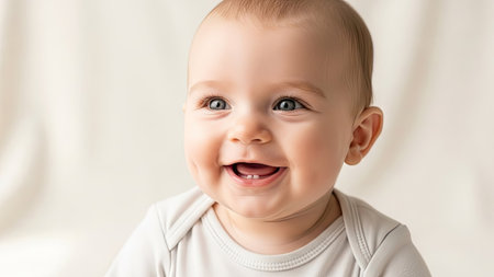 A close-up portrait shows a baby smiling widely. The baby has fair skin, bright eyes, and an open mouth revealing a few teeth. The composition is simple, with soft lighting enhancing the baby's features. This image could be used for various commercial projects related to infancy or joy.の素材
