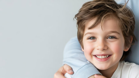 A close-up portrait showcases a young boy's smiling face. The image highlights the child's cheerful expression with bright eyes and a wide grin. Soft lighting enhances the boy's features, while the composition uses copy space, suitable for a range of commercial or editorial applications, such as advertising or illustrations.の素材
