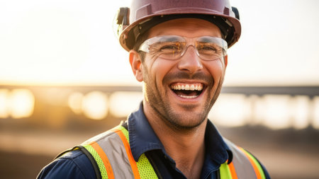 A close-up captures a construction worker, wearing a hard hat, safety glasses, and reflective vest, smiling broadly. The image displays warm tones and natural lighting. This portrait could be used for various commercial projects related to construction, safety, or workforce representation.の素材