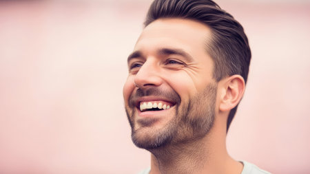 A close-up portrait showcases a smiling man against a soft background. The image features warm tones, highlighting the subject's expression. It's lit with natural lighting, creating a pleasing visual effect. This image is suitable for various commercial projects including marketing campaigns and editorial content.の素材