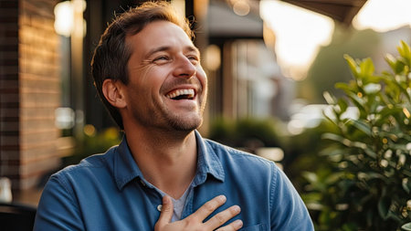 A man is laughing in the frame with his hand on his chest. Warm sunlight bathes the scene. A brick structure is partially visible behind him. The man's blue shirt contrasts with the natural green of the foliage. This image is suitable for various commercial uses.の素材