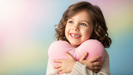 A young girl is depicted embracing a pink heart-shaped pillow. The image features soft lighting and a blurred, multicolored background. This visual could be used for various commercial or editorial applications. The composition emphasizes the girl's expression and the pillow's form.の素材