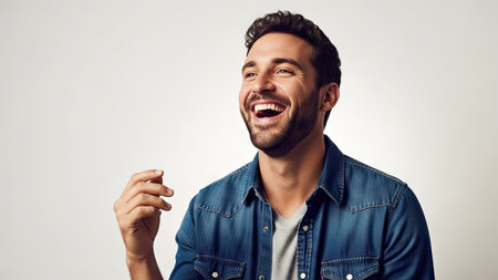 A man laughs heartily, captured in a studio setting against a plain background. He wears a denim shirt over a grey t-shirt, suggesting a relaxed style. The image has soft lighting and focuses on the man's expression. Suitable for various uses, this image is ideal for advertising or editorial content.の素材