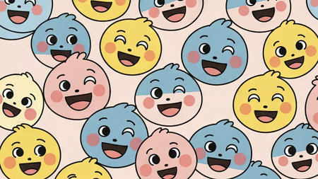 This image showcases a repeating pattern of cartoon emoji faces. The faces are various pastel colors and arranged closely together. They show expressions of joy and winking with simple lines. The composition suggests a decorative background with potential uses for designs or graphic elements.の素材