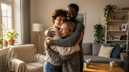Three individuals are warmly embracing indoors, lit by natural daylight. The image showcases a comfortable living space with neutral tones, a couch, and a bookshelf. The composition and lighting create a sense of intimacy. Suitable for use in content related to family, relationships, or general well-being.の素材