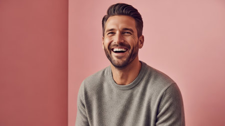 A man laughs joyfully, captured in a studio portrait against a soft pink backdrop. He is wearing a grey sweater, with a neatly styled haircut, showcasing a friendly and approachable demeanor. The composition highlights his expression, suitable for commercial or editorial applications.の素材