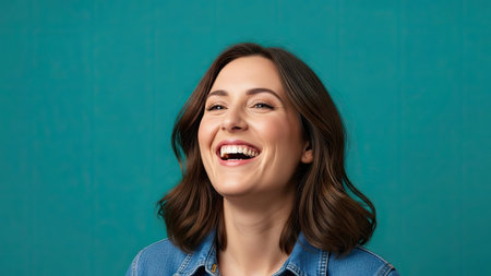 A woman with brown hair and a bright smile is captured against a teal backdrop. The image showcases a close-up composition with soft lighting. This versatile visual could be used in various commercial applications, including marketing, advertising, or editorial content.の素材