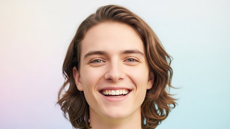 A close-up portrait showcases a young man with long, wavy brown hair, smiling widely. His eyes are open, and the shot is well-lit with soft, diffused lighting. The background features a subtle gradient of colors. This image is suitable for various commercial uses, including advertising and editorial content.の素材