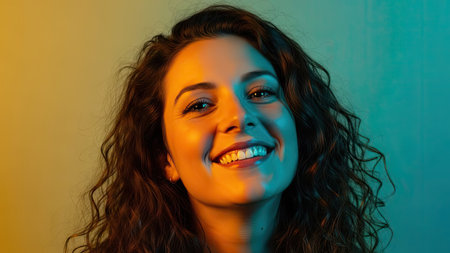 A young woman with curly brown hair is illuminated by studio lighting, suggesting a portrait setting. The image uses a color gradient of yellow and blue to create contrast. This image could be utilized for various commercial purposes and general editorial use.の素材