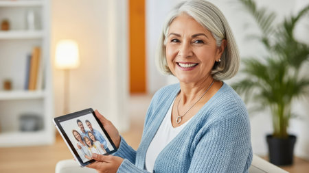 An elderly woman is seen smiling, holding a tablet displaying a family photo. The image features soft lighting and a warm color palette. The composition suggests an interior setting. This image is suitable for various commercial uses, including articles or advertisements.の素材
