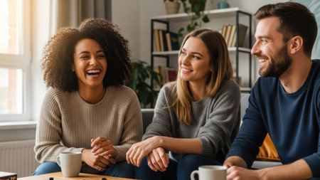 Three individuals, a diverse group, are engaged in conversation indoors. The scene features a warm color palette with soft lighting, suggesting a comfortable environment. Visual elements include neutral clothing and coffee cups. This image might be suitable for editorial content, websites, or marketing materials.の素材