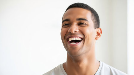 A close-up image portrays a smiling young man with brown skin. The subject's open mouth reveals teeth, conveying happiness. The soft lighting and clean white background contribute to a bright composition. The image's simplicity lends itself well to various applications, including advertising and editorial content.の素材