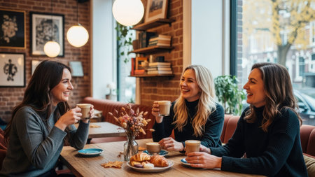 Three women are gathered around a table inside a cafe, engaged in conversation. They hold coffee cups and there are pastries visible. The scene is brightly lit with natural light. The composition features a wooden table and a background of brick walls. This image is suitable for various commercial uses.の素材