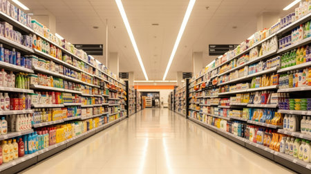 Rows of shelves are filled with packaged goods, creating a symmetrical composition within a large retail space. Overhead lighting illuminates the diverse selection of products. The scene could be used for illustrating commercial concepts, representing consumerism, or visualizing retail and shopping.の素材