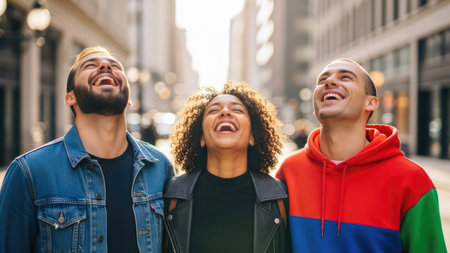 Three individuals are captured mid-laughter in an urban environment, their faces turned upward. The composition features soft, natural light, highlighting their expressions of joy and camaraderie. Suitable for commercial projects or editorial content illustrating positive emotions and human connection in diverse contexts.の素材