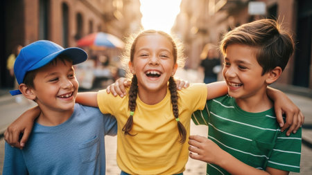 Three children are joyfully embracing and laughing outdoors. They are smiling and looking at the camera. The image features natural sunlight and a warm color palette. This image could be suitable for various commercial uses, illustrating themes of childhood and happiness.の素材
