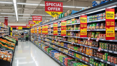 An interior shot showcases a well-stocked supermarket aisle, filled with various packaged products. The composition highlights rows of shelves filled with goods, complemented by promotional signs. The scene features bright overhead lighting, emphasizing the vibrant colors of the products. This image is suitable for commercial applications related to retail, consumerism, or advertising.の素材