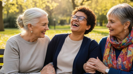 This image features three senior women engaged in laughter while seated outdoors. The composition is a portrait, with natural sunlight illuminating their faces. The visual style suggests a moment of joy and connection. This image could be suitable for a variety of editorial or commercial purposes that depict friendship and community.の素材