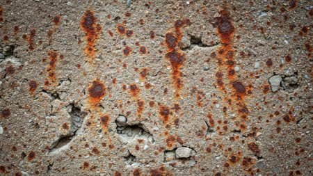 A close-up view reveals a textured concrete surface marked by irregular rust stains. The composition displays a coarse, aged appearance with varying tones of gray, brown, and orange. The image suggests an outdoor environment, with potential uses in abstract designs, backgrounds, and visual representations of decay.の素材